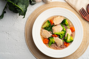 Thai Gravy Noodles with Chicken,Rice Vermicelli Noodles with sliced chicken breast and broccoli in Gravy Sauce (rad na gai),Thai healthy menu low calorie food diet.Top view