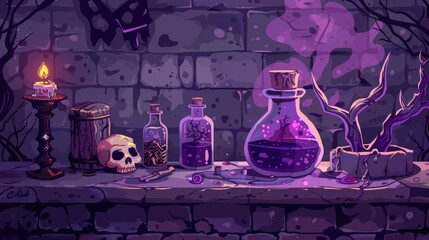 Old witch house cartoon background with alchemist desk, elixir bottle with cork, tree branch, and poisonous cauldron in dungeon in wizard's laboratory.