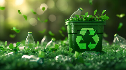recycling symbol with green grass green recycling concept, environmental awareness   - obrazy, fototapety, plakaty
