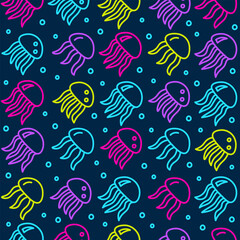 Outline jellyfish swim in the sea in neon colors on a dark background seamless pattern.