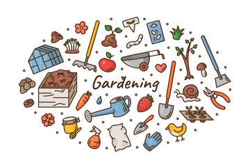 Set of gardening items in doodle style isolated on white background.