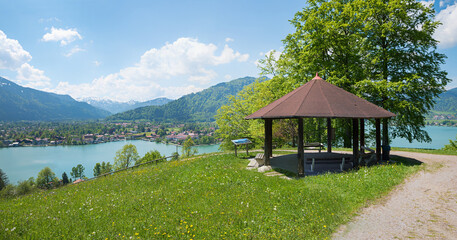 viewpoint with gazebo, spring landscape lake Tegernsee, upper bavaria