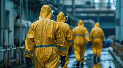 Workers in yellow hazmat suits walking down a hallway