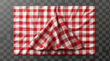 Kitchen towel cloth top view isolated modern. Red tablecloth napkin with gingham plaid texture on transparent background. Realistic checkered linen cotton set for vintage restaurant.