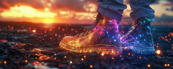 Alien Planet Trekker, Futuristic Footwear, Innovative shoes designed for exploration across unknown extraterrestrial landscapes, glowing with otherworldly colors and strange flora - obrazy, fototapety, plakaty