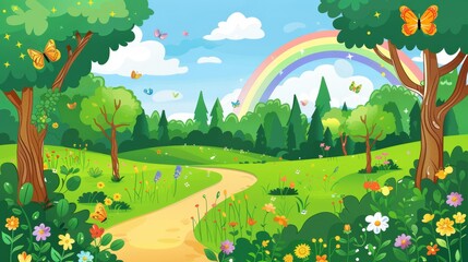 Landscape of forest with trees, grass, and flowers. Summer park with green plants, butterflies, path, fields, and rainbows in the sky.