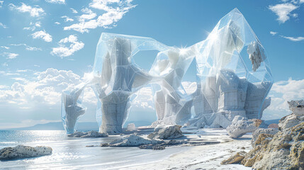 Ethereal Crystal Giants Emerging from a Surreal Coastal Landscape