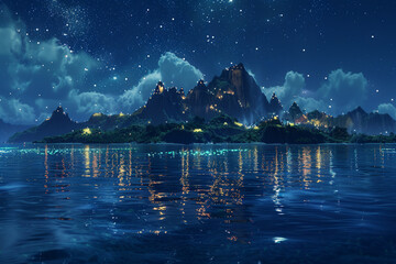 Create an AI-rendered scene of an archipelago at night, with the islands illuminated by the soft...