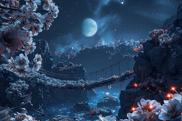Create an AI-rendered scene of the bridge suspended in the void of space, with Earth and the moon visible in the distance, framed by the delicate petals of asteroid flowers