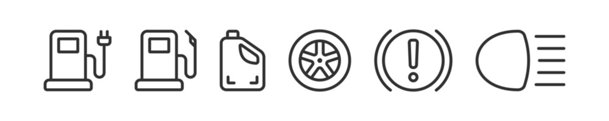 Car service icon. Gas station, fuel canister, engine oil, wheel, information panel, light, handbrake vector. Automobile repair. - obrazy, fototapety, plakaty