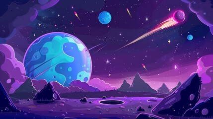 Alien planet or moon landscape with craters and comets flying in night sky. Galaxy background with planet, stars and meteor in outer space. - obrazy, fototapety, plakaty
