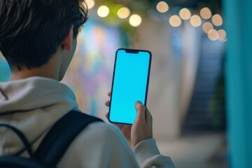 Screen display over shoulder of a teen boy holding an smartphone with a completely blue screen