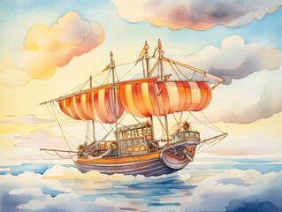 Flying boat above clouds, whimsical watercolor, sunset, side angle