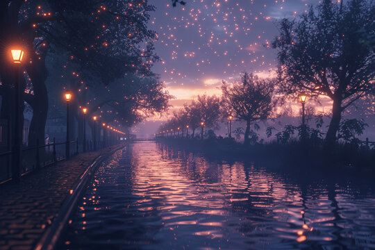 Create an AI-rendered scene of a canal at dusk, with the road illuminated by the warm glow of streetlights and the trees silhouetted against the twilight sky