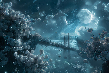 Create an AI-rendered scene of the bridge suspended in the void of space, with Earth and the moon visible in the distance, framed by the delicate petals of asteroid flowers - obrazy, fototapety, plakaty