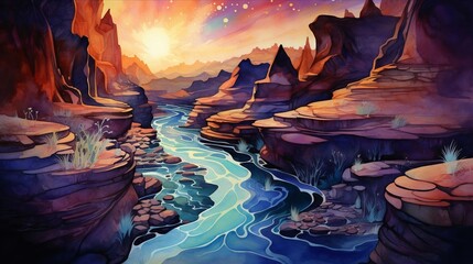 Otherworldly canyon with crystal river, watercolor, dusk, high angle - obrazy, fototapety, plakaty