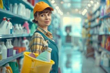 Employee in cleaning supply aisle holding a bucket, surrounded by shelves stocked with detergents and soaps. Cleaning Aisle Worker with Various Products
