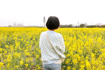 Young fashionable asian woman with her back to us, in the middle of a rapeseed (Brassica napus) field surrounded by bright colourful yellow flowers, enjoying the spring summer sunlight