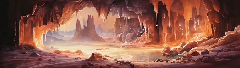 Otherworldly watercolor cave, crystal glow, mysterious, inside view - obrazy, fototapety, plakaty