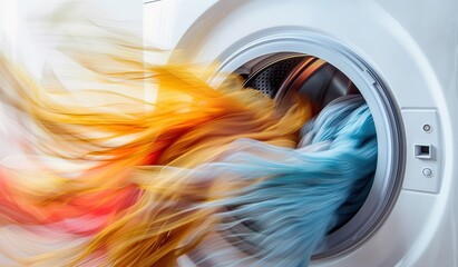 Fiery red hair flowing from a washing machine in a colorful blend