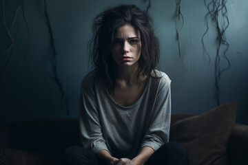 AI generated picture of young teen girl dealing with depression sadness and feeling alone - obrazy, fototapety, plakaty