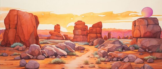 Watercolor, otherworldly desert, floating rocks, sunset, low angle