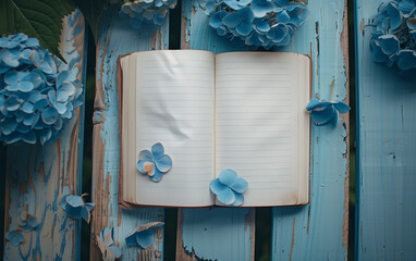 Blue hydrangea laying next to an open vintage notebook with copy space.	