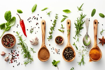 Arrange fresh herbs, spices, and cooking utensils to appeal to foodies and home chefs. photo on...