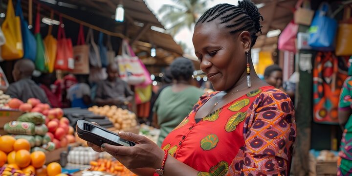 African Woman Making Mobile Payment at Local Market Stall