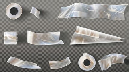 Set of realistic adhesive plastic tape isolated on transparent background. Modern illustration of crumpled sticky strip for packaging, fixing damage, wrinkled cellophane strips, and glued repairs. - obrazy, fototapety, plakaty
