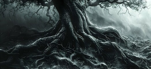 The Twisted Roots of an Ancient Tree Gripping the Earth with the Strength of Ages - obrazy, fototapety, plakaty