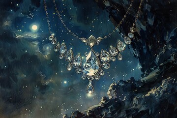 A glimmering diamond necklace sparkles in the soft light of a moonlit night, its allure irresistible to those who covet its priceless beauty, its true worth hidden beneath a veneer of deception. - obrazy, fototapety, plakaty