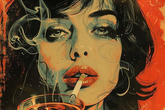 half-smoked cigarette smolders in an ashtray, its wisps of smoke curling lazily upward as a femme fatale lounges in the background, her eyes betraying a hidden agenda