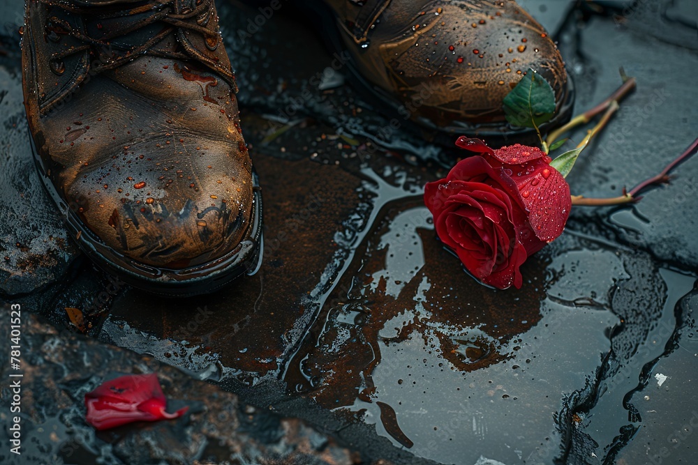 Wall mural single blood-red rose lies abandoned on a rain-soaked pavement, its delicate petals crushed beneath 