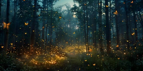 Chorus of Fireflies Lighting up the Enchanted Forest on a Summer s Night - obrazy, fototapety, plakaty