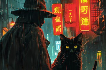A sleek black cat prowls the rain-soaked streets alongside a trench-coated detective, their eyes reflecting the dim glow of neon signs and the promise of danger.