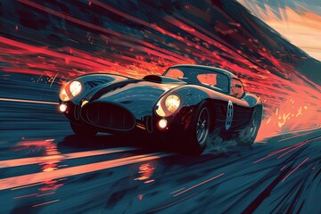 sleek black sports car speeds down a deserted highway, its headlights cutting through the darkness as its driver races against time to unravel a web of intrigue that threatens to ensnare him - obrazy, fototapety, plakaty
