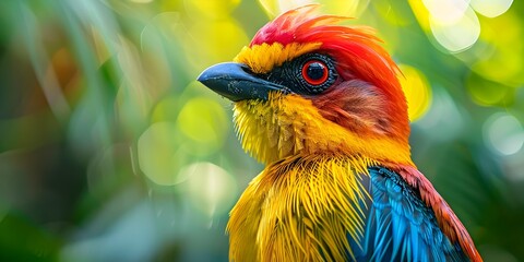 Obraz premium Vibrant Plumage of a Tropical Bird Amidst the Lush Green Backdrop of the Jungle