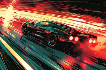 sleek black sports car speeds down a deserted highway, its headlights cutting through the darkness as its driver races against time to unravel a web of intrigue that threatens to ensnare him - obrazy, fototapety, plakaty
