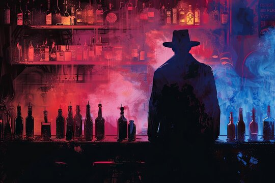 shadowy figure lurks in the background of a smoky jazz club, their silhouette hinting at their nefarious intentions