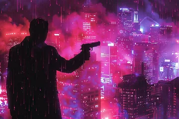 Möbelaufkleber Amidst the neon lights of a bustling metropolis, a lone gunman stands silhouetted against the skyline, his finger poised on the trigger as he prepares to mete out his own brand of justice. © Izanbar MagicAI Art