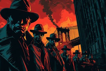 Beneath the shadow of the Brooklyn Bridge, a group of criminals plot their next heist, unaware that they are being watched by a determined detective who will stop at nothing to bring them to justice. - obrazy, fototapety, plakaty