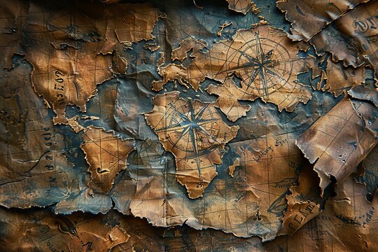 a Close-up on a weathered treasure map, its faded parchment adorned with cryptic markings and arcane symbols, promising untold riches to those brave enough to decipher its secrets.