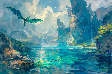 Experiment with color and texture to depict a fantastical scene of an archipelago inhabited by mythical creatures, with dragons soaring above the islands and mermaids swimming in the crystal-clear wat