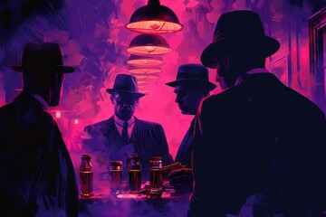 In the smoky haze of a dimly lit speakeasy, a shady deal goes down between rival gangsters, with betrayal lurking in the shadows and danger at every turn.