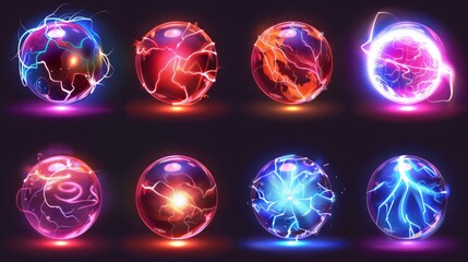 Fantasy globe with luminous plasma. Flashing red and blue electric power balls with neon effect. Realistic modern illustration set of glowing red and blue electric power balls. - obrazy, fototapety, plakaty