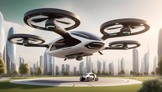 Futuristic VTOL quadcopter lands on the helipad in a city square. New mobility zero emission concept