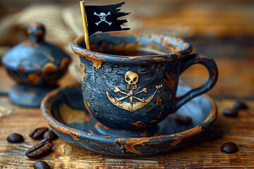 Small Black Pirate Ship in Coffee Cup