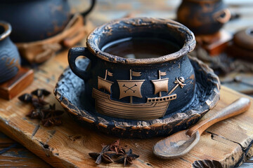 Black Coffee Cup with Mini Pirate Ship Drawing - obrazy, fototapety, plakaty