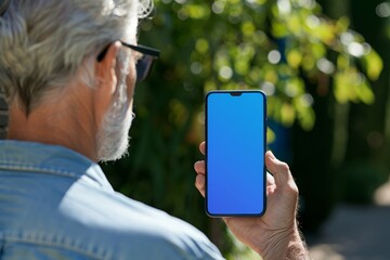 App preview over shoulder of a middle-aged man holding an smartphone with a completely blue screen
